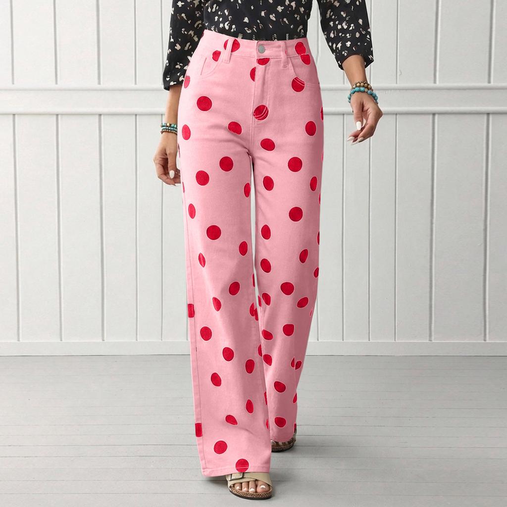 Damen Weite Hosen Hohe Taille Lässig Gepunkteter Druck Lockerer Schnitt Hosen Leichter Bequemer Stoff Geeignet für den Täglichen Gebrauch
