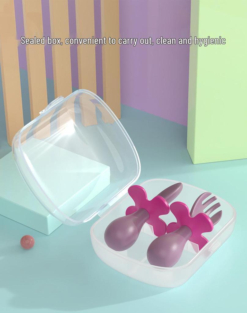 Portable Baby Feeding Fork & Spoon Set - Short Handle, Food Grade, Children's Cutlery for Learning To Eat