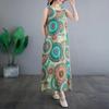 Summer Retro Loose Cotton Linen Printed Round Neck Sleeveless Vest Mid Length Dress for Women Casual Dresses