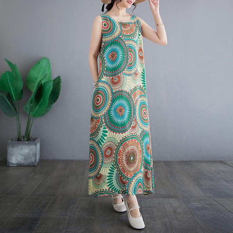 Summer Retro Loose Cotton Linen Printed Round Neck Sleeveless Vest Mid Length Dress for Women Casual Dresses