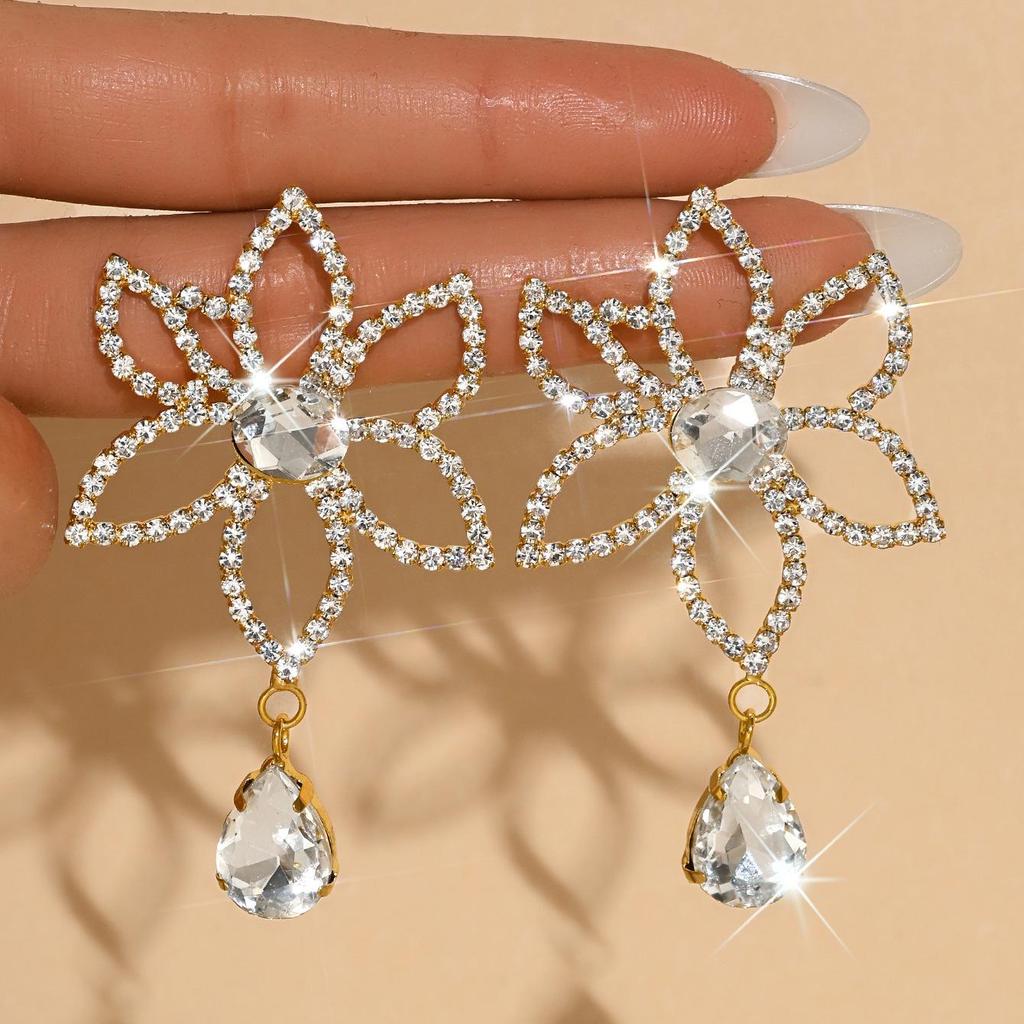 Elegant Rhinestone Flower Stud Earrings for Women – Shiny, Versatile, Eco-friendly Water Drop Design