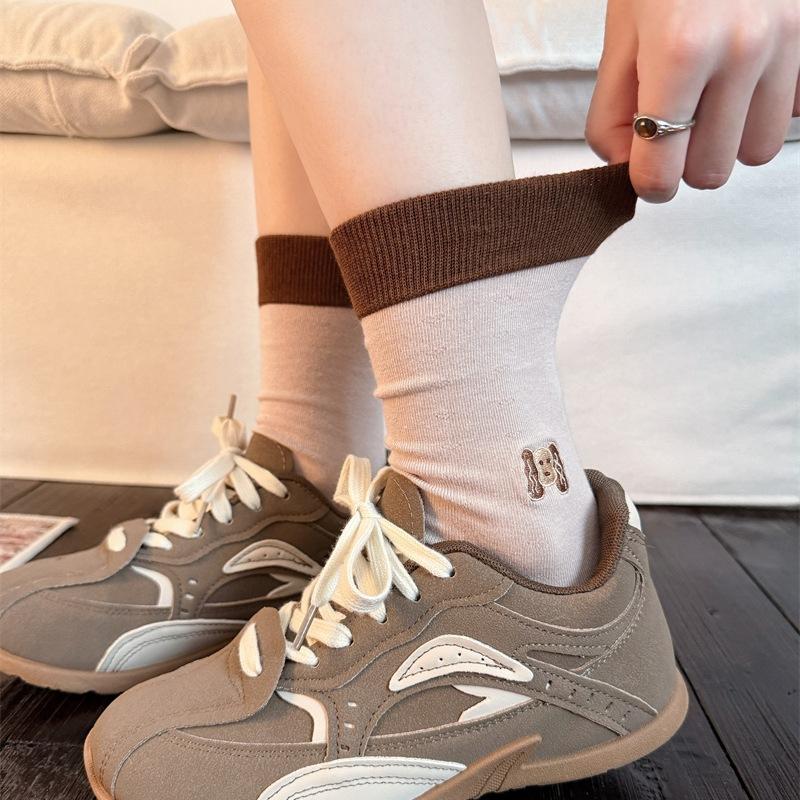 

Цветные носки с мультяшной вышивкой, Женские носки до середины икры, Цветные блоки с маленькими животными, Модные и индивидуальные длинные носки из чистого хлопка 1 pair