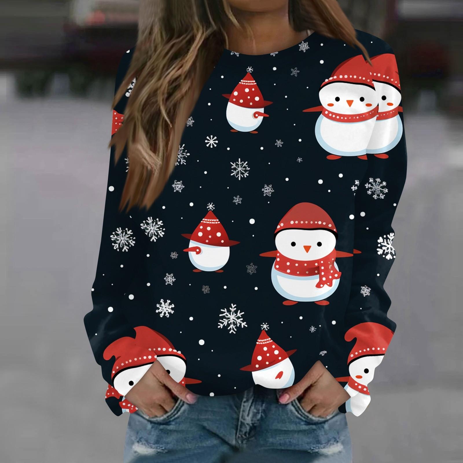 

Женская повседневная мода с рождественским принтом и длинным рукавом с круглым вырезом, пуловер, блузка, толстовка XL красный