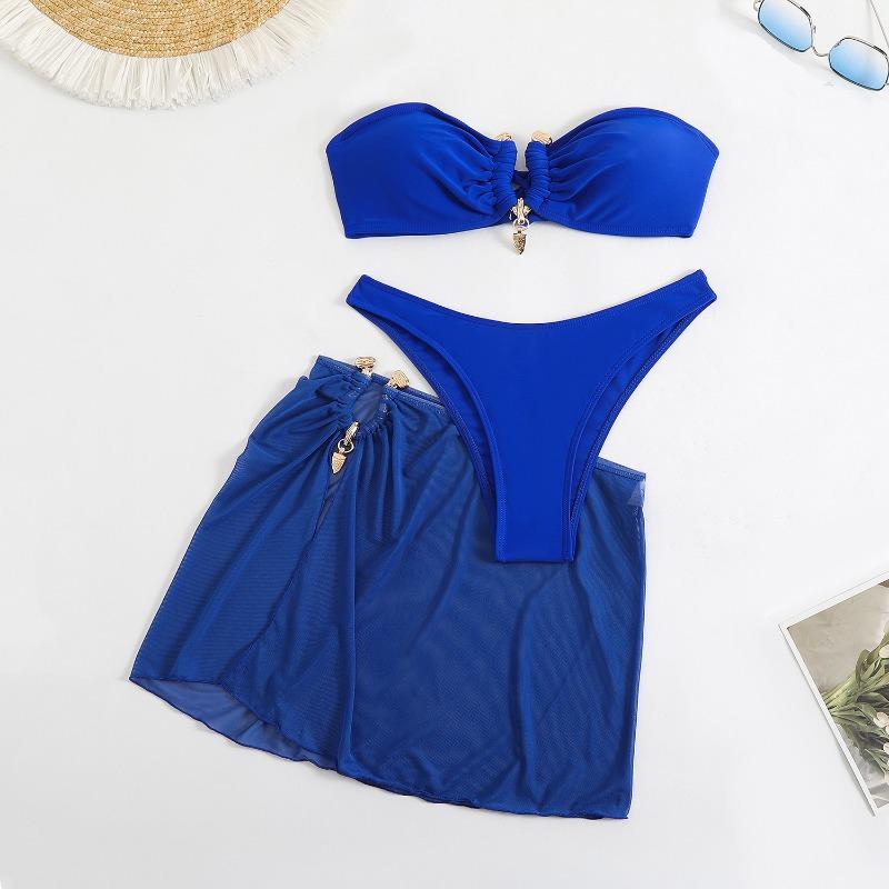 New European and American Swimsuit, Three-piece Set of Solid Color Metal Buckle Women's Split Bikini Swimsuit