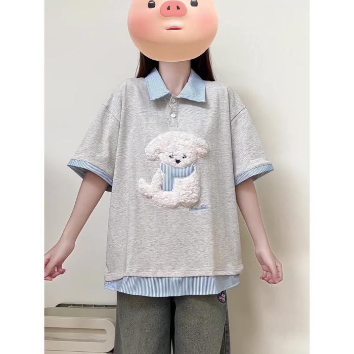 

Лето 2025 Милый плюшевый щенок Вышитый воротник поло Хлопковый свободный топ-двойка Double XL светло-серый