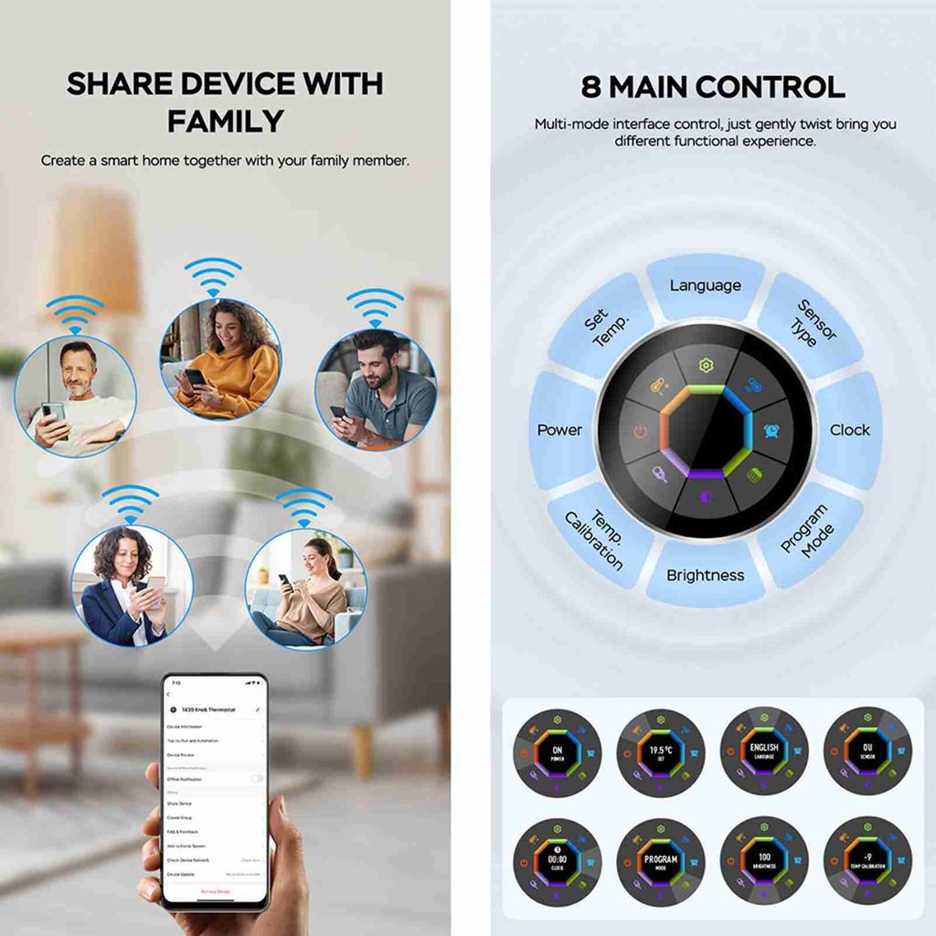 Smart Thermostat for Home 1.32in Screen WIFI Temperature Controller with 7 Ambient Lights for Water Heating