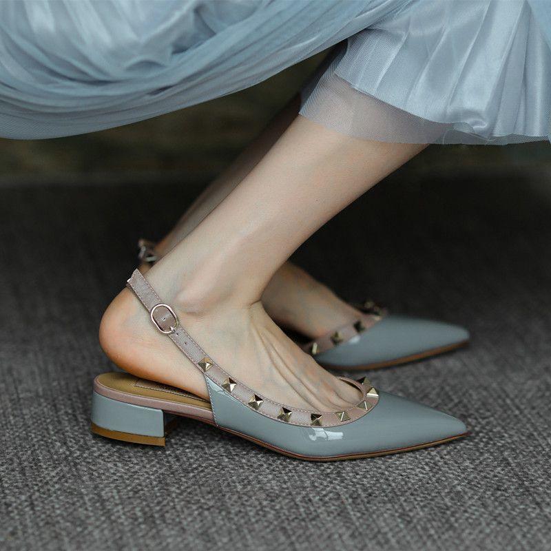 Summer New Rivets with Buckles, Middle Heel, Spring Bag Head, Pointed Head, Thick Heel, Willow Shoes, Cool Slippers for Women