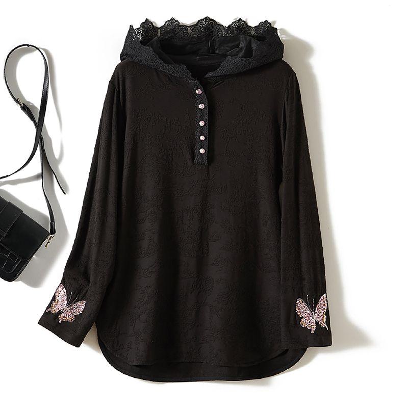 

Three-Dimensional Flocking Jacquard Cotton Hooded Hoodie T-shirt Spring & Fall Winter Women s Bandage Dress Pullover Beaded Embroidered New Outwear Black L