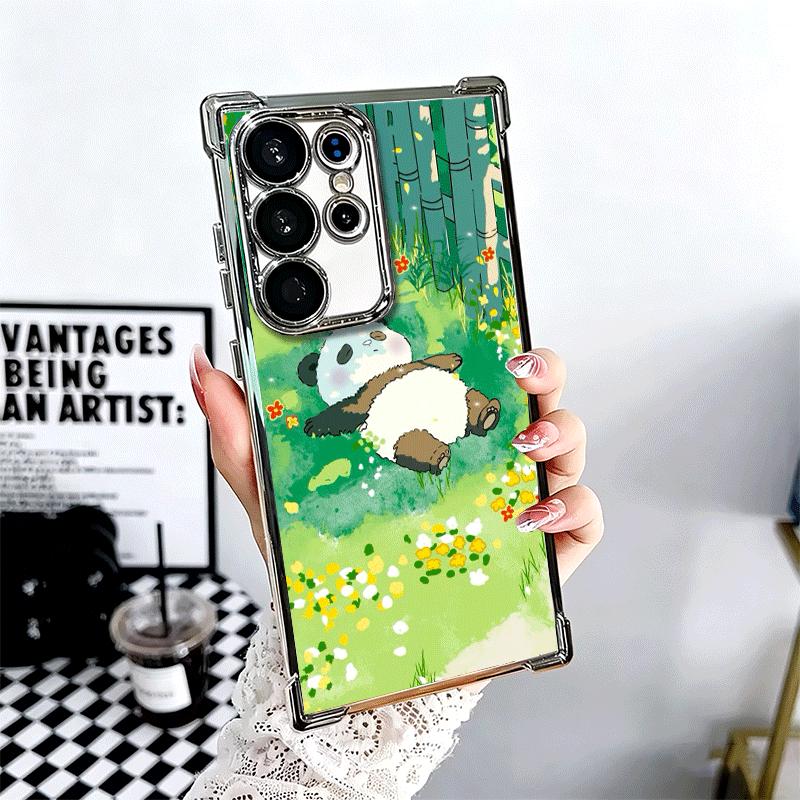 Cute Cartoon Panda Plating Phone Case For Samsung Galaxy S24 S25 FE S26 Edge S23 Ultra S22 S21 Plus S20 Anti-Fall Airabag Cover