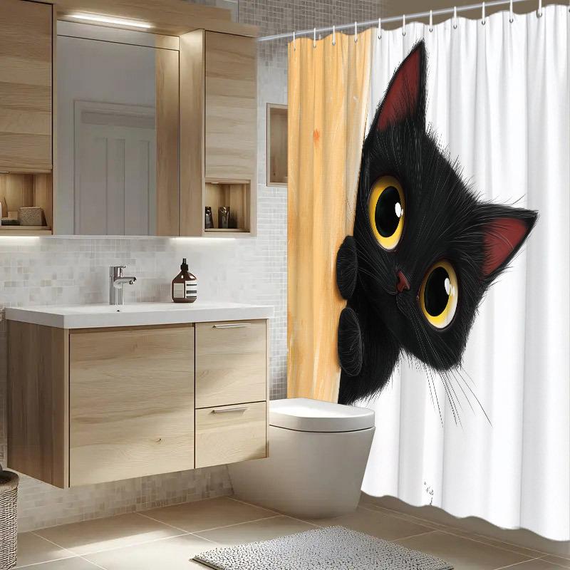 Cute Black Cat Shower Curtain Cat Peeking From Door Cartoon Art Pet Lover Decor Waterproof Fabric Bath Curtain Set Home Style