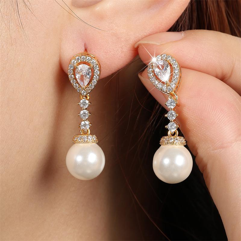 ZAKOL Elegant Round Imitation Pearl Earrings for Women Korean Fashion Water Drop CZ Bridal Earring Wedding Jewelry