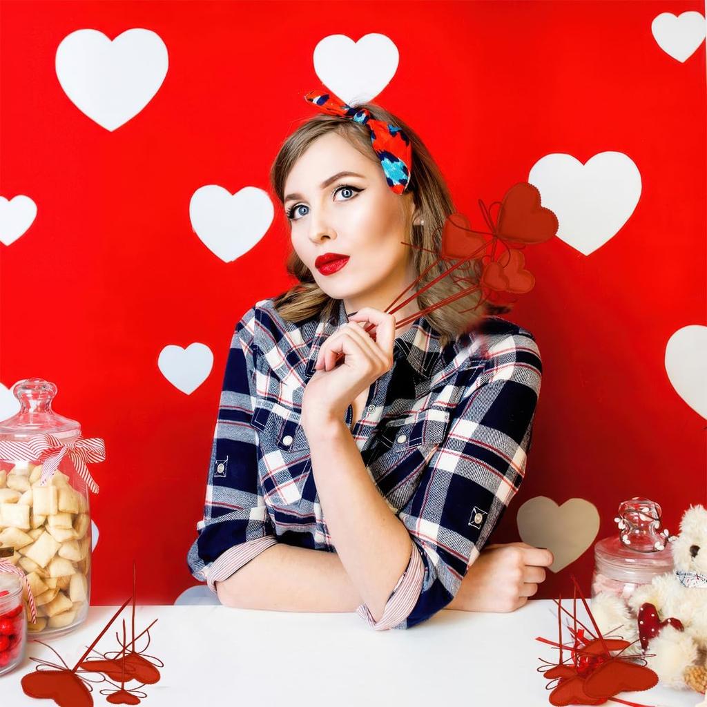 12 Pcs Valentine's Day Heart Picks Red Love Bowknot Heart Shaped Flower Stems Floral Fairy Wand Sticks for Valentine Wedding Anniversary Mother's Day