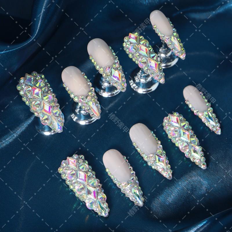 Reusable Press-On Nails With Full Rhinestone Embellishment French Tip Design Acrylic Wearable Manicure Women