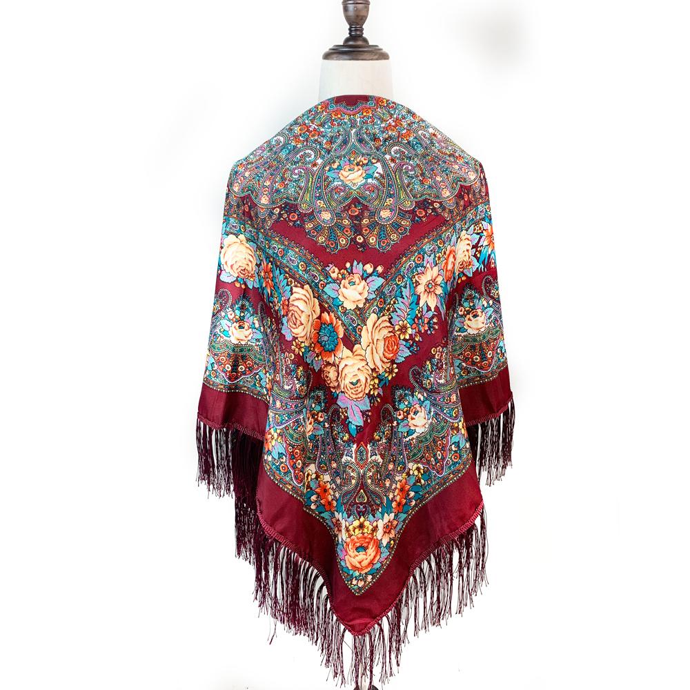 130*130cm Russian National Square Scarf Women Luxury Floral Print Fringed Ukrainian Shawl Babushka Handkerchief Head Wraps