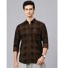 Man's Stylish Slim Fit Cotton Spread Collar Checked Casual Shirt - Dark Brown