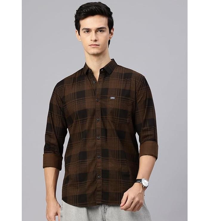 Man's Stylish Slim Fit Cotton Spread Collar Checked Casual Shirt - Dark Brown