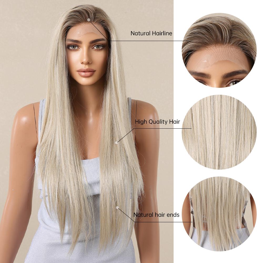 LOUIS FERRE 13x6 Lace Wig Long Straight Light Blonde Wigs with Dark Root for Women Daily Party Cosplay Wedding High Density