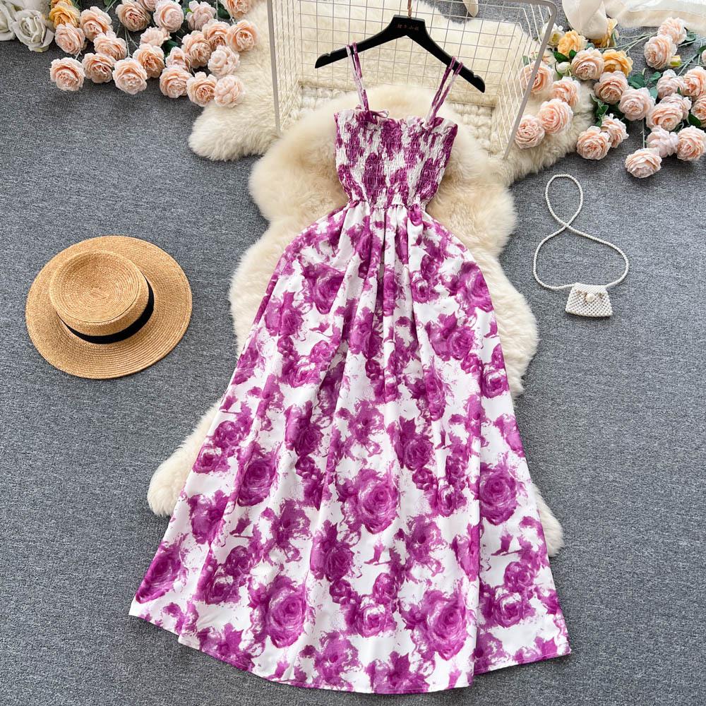 Koreansk stil for kvinner Rose Blomstertrykk Retro Festkjole Sommer Elastisk Høy midje Ferie Lang kjole Strand Vestido