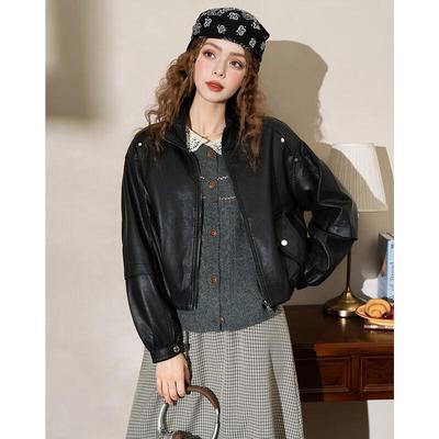 ET BOITE Women's Retro PU Leather Stand Collar Bomber Jacket
