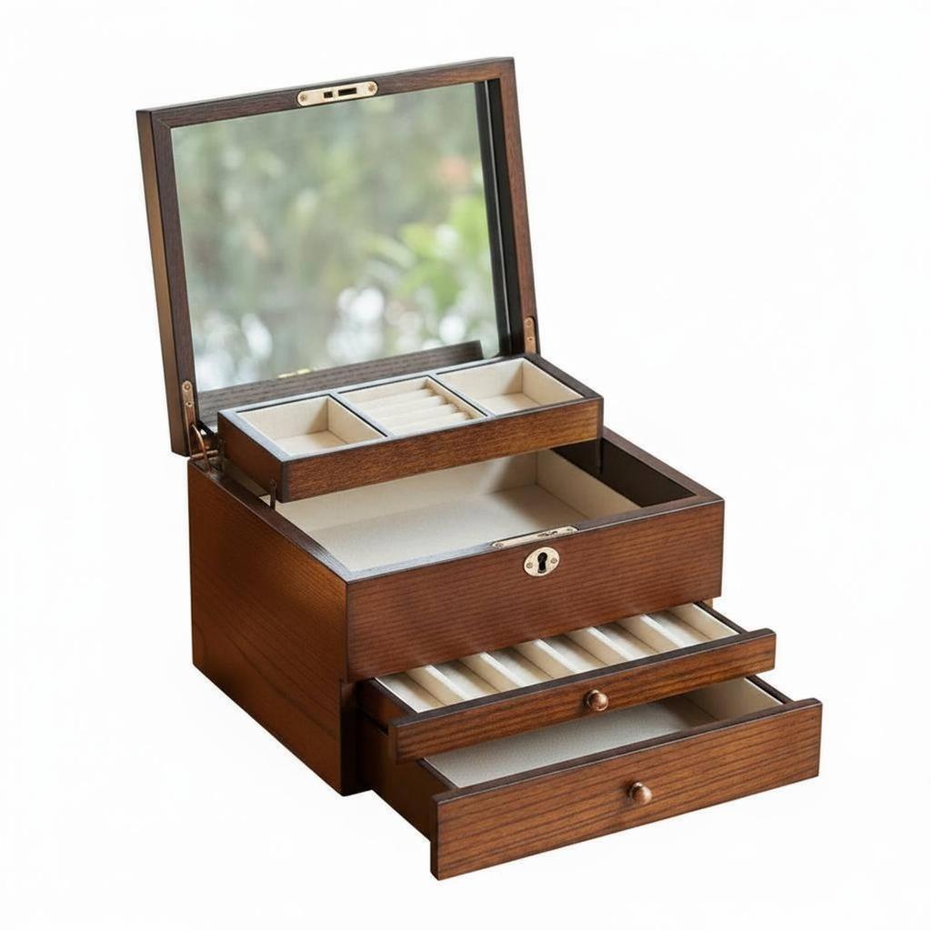 Vintage Wooden Jewelry Storage Case Multi Layer Organizer Box Large