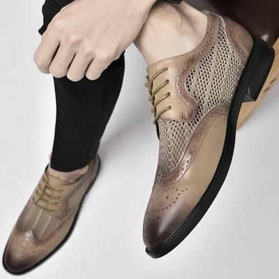2024Summer Men Bullock Mesh Casual Breathable Leather Shoes Mens Wedding Shoe Khaki/Black/Grey Oxfords Mesh Wear-Resistant Shoes