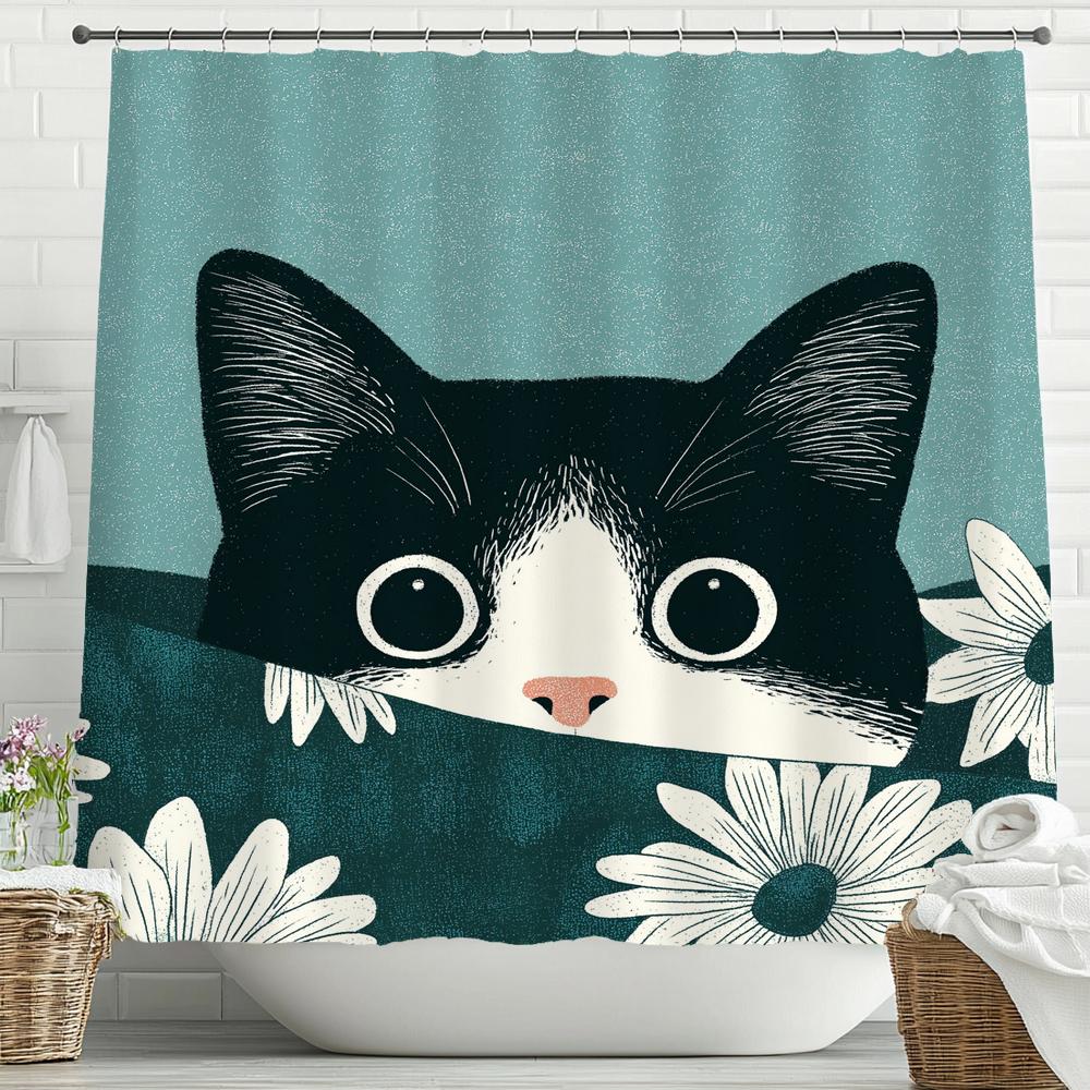 Flowers and plants cat pattern Shower Curtain, Bathroom Decorative Shower Curtain, Waterproof Shower Curtain with Hooks