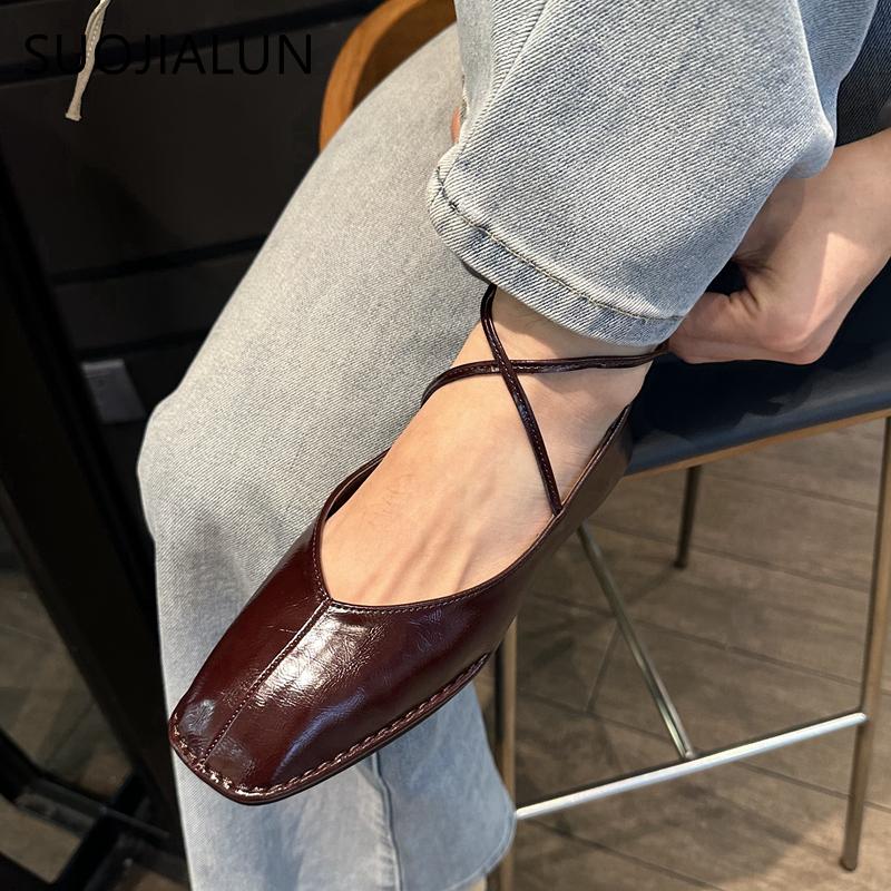Fashion SUOJIALUN Big Size 35-41 Women Vintage Flats Shoes Leather Lace-Up Low Heels 2025 Shoes Classic Suqare Toe Casual Loafers