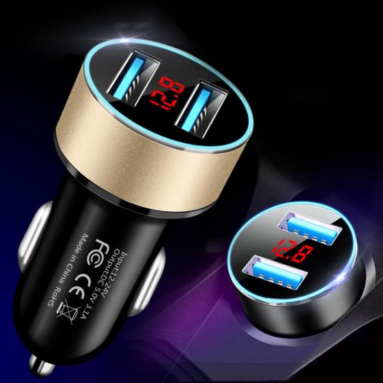 3.1A Car Charger Dual USB Port Quick Charging Aluminum Alloy LCD Display Mobile Phone Adapter for Phone