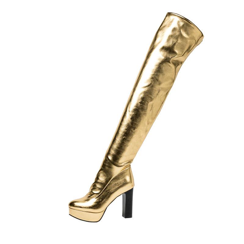 

Stretch Platform Thigh High Boots for Women Slouch Boots Gold Silver Plus Size 46 Sexy 10cm Chunky High Heels Pleated Shoes 2025 34 золотой