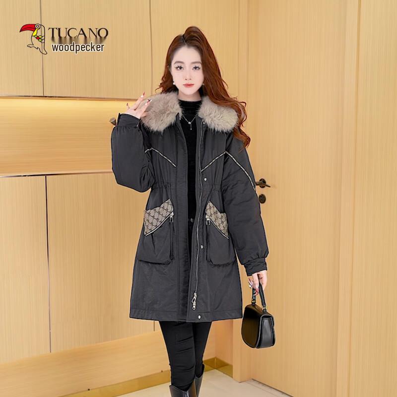 Woodpecker Women's Mid-Length Hooded Down Jacket with Fur Collar
