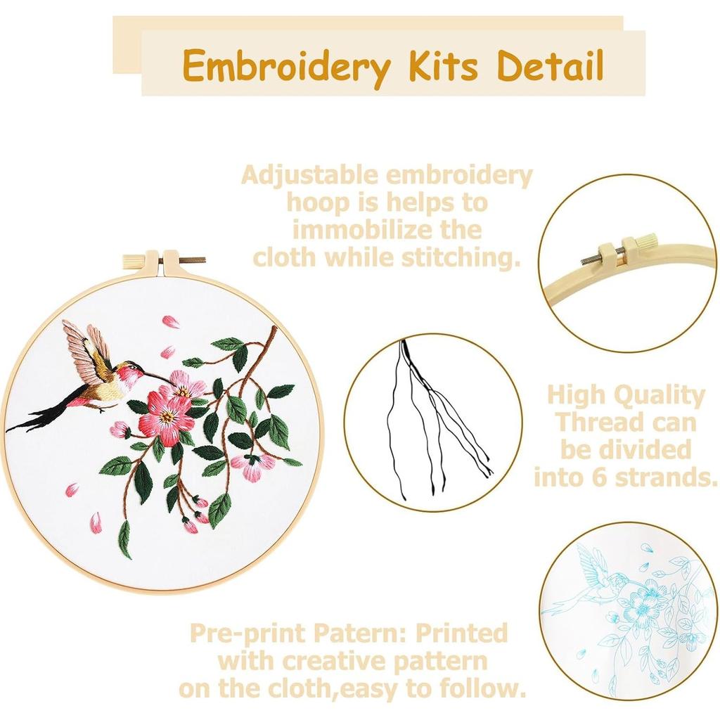 3 Sets Embroidery Kit for Beginners, Art Craft Handy Sewing Set Hummingbird and Flower Cross Stitch Starter Kits, DIY Embroidery Kits with Patterns