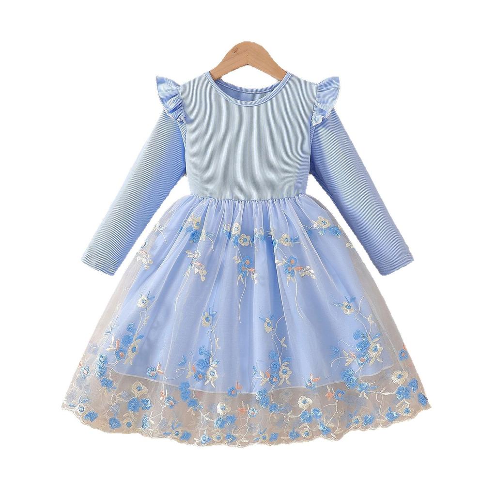 Girls Spring Autumn Long Sleeve Princess Dress With Ruffles Floral Mesh Patchwork Party Dress For Kids