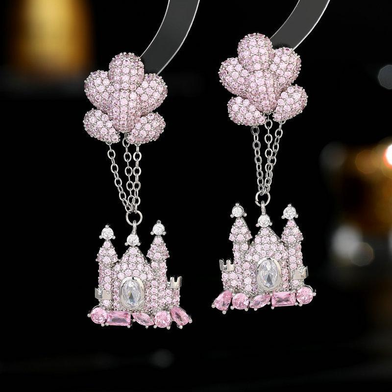 

S925 Silver Needle Light Luxury Premium Earrings Color Zircon Inlaid Creative Design Balloon Castle Earrings