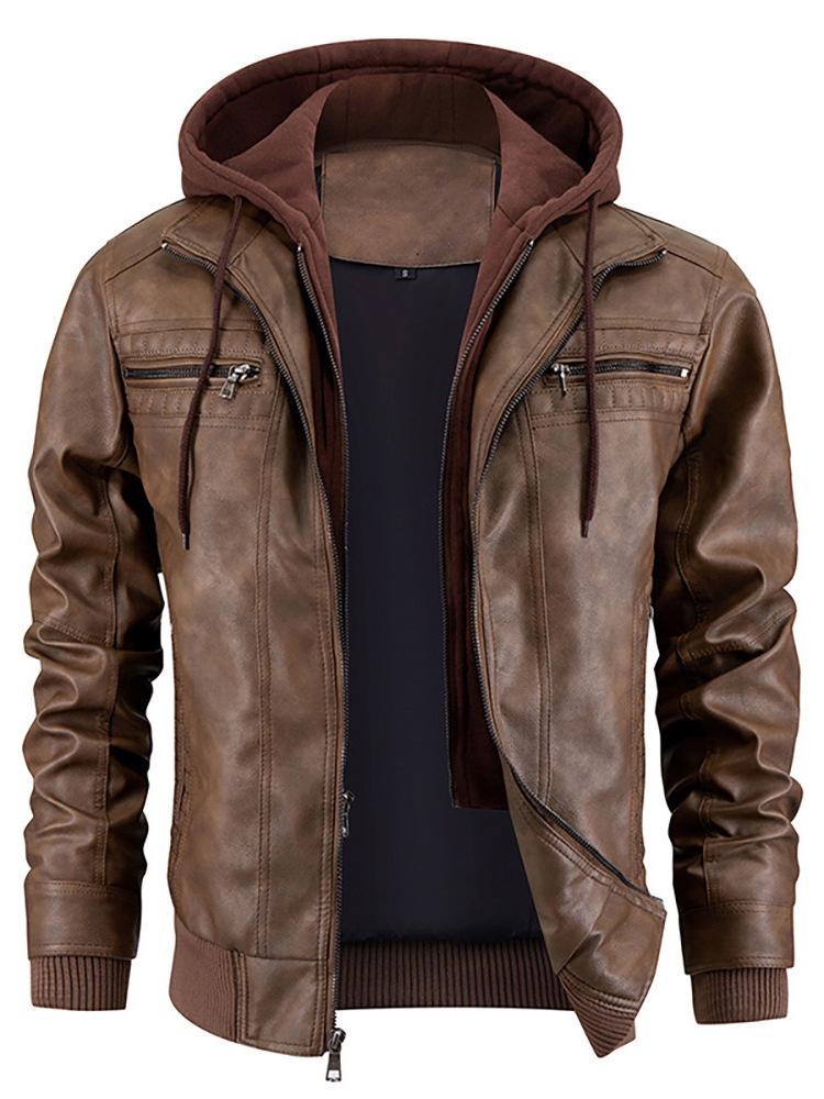 Men's PU Leather Hooded Jacket - European & American Style, Autumn/Winter Motorcycle Design