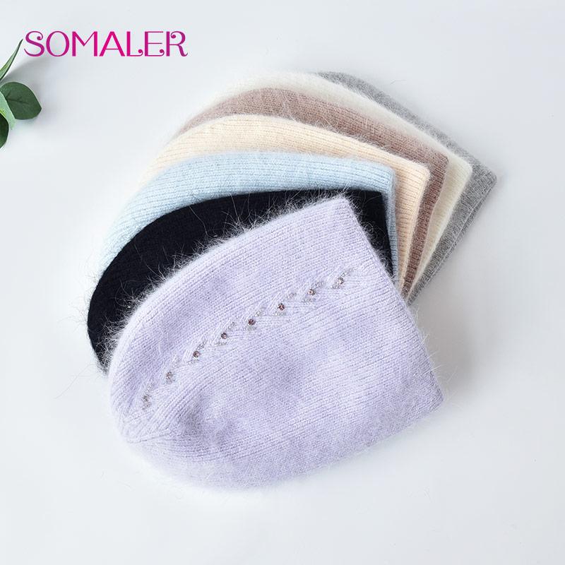 SOMALER Winter Angora Wool Knit Hats for Women Rabbit Fur Skull Cap with Decoration Outdoor Ski Hat