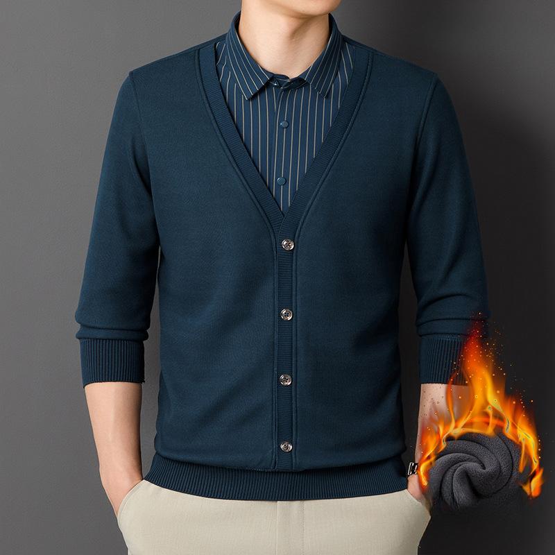 Осенне-зимняя флисовая рубашка мужская поддельная рубашка из двух частей с длинными — фото 3