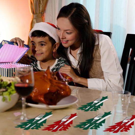 6/12Pcs Christmas Tree Cutlery Holder Bag Spoon Fork Dinner Flatware Cover Pouch Xmas Festival