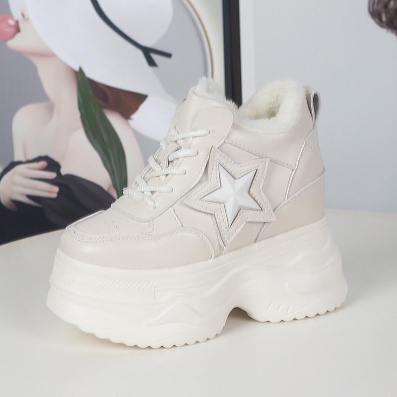 Fashion 12CM Cow Genuine Leather Winter Boots Autumn Fashion Platform Chimney Ankle Booties Moccasins Women Chunky Sneakers Shoes