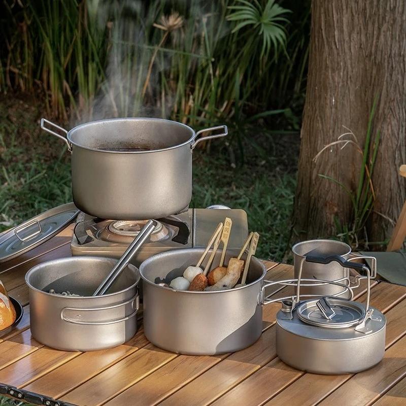 Lightweight Titanium Pot Outdoor Portable Cooking Set Backpacking Pot for Hiking Trekking Picnic Fishing