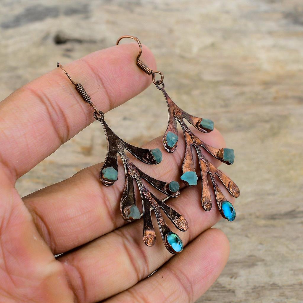 Faceted Neon Apatite Earring Electroformed Copper Earrings Neon Apatite Rough Earring Gemstone Copper Jewelry Handmade Earring Gift For Her