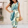 Women Plus Size Round Neck Sleeveless Tropical Leaf Printed Bodycon Midi Dress