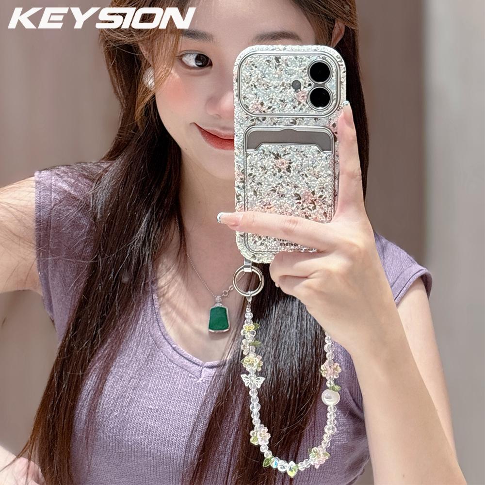 KEYSION Women Girl's Flower Phone Case for iPhone 14 15 16 17 Pro Max Card Holder Bag Shockproof Cover with Bead Bracelet Chain