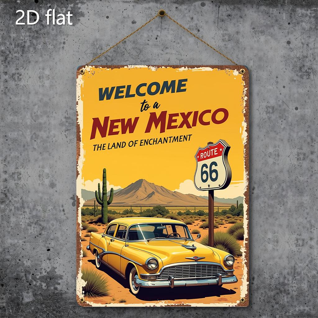 Vintage Route 66 Metal Wall Art Welcome to New Mexico Road Sign with Desert Landscape Classic Car Rustic Yellow Red D