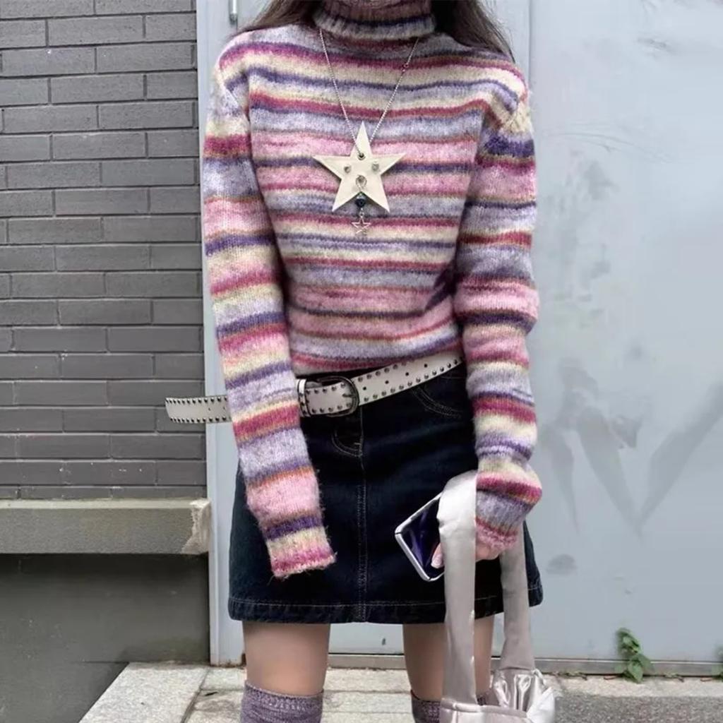 VAYLA Japanese Y2k Turtleneck Sweater Vintage Rainbow Striped Pullover Korean Fashion Knitted Jumper Harajuku Grunge Knitwear