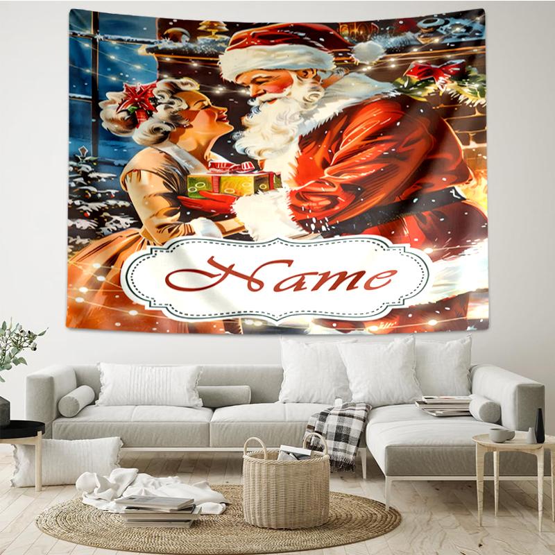Custom Name Christmas Santa Claus Print Tapestry, Backdrop, Easy Setup, Ideal for Bedroom, Office & Living Room, with Aesthetic Wall Hanging Decor.