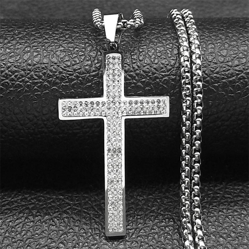 Trendy Cross Rhinestone Pendant Necklace For Women Men Stainless Steel Silver Color Religion Catholic Chain Jewelry Gifts