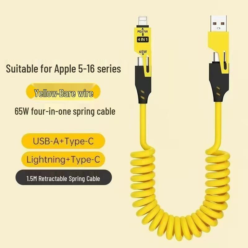 Spring Retractable 4-in-1 Charging Cable for Apple, Android, Huawei – Fast Charging, Dual Compatibility.