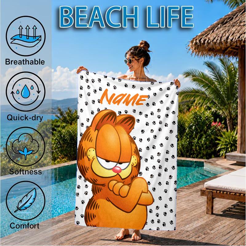 Custom Name Gar-field's Pawsome Beach Towel Microfiber Beach Towel, Lightweight and Quick-Dry, for Summer Travel, Swimming Pool Gift