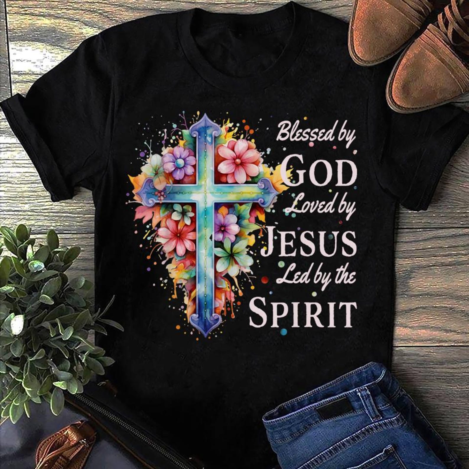 Floral Cross Christian T-Shirt: Blessed By God, Loved By Jesus L