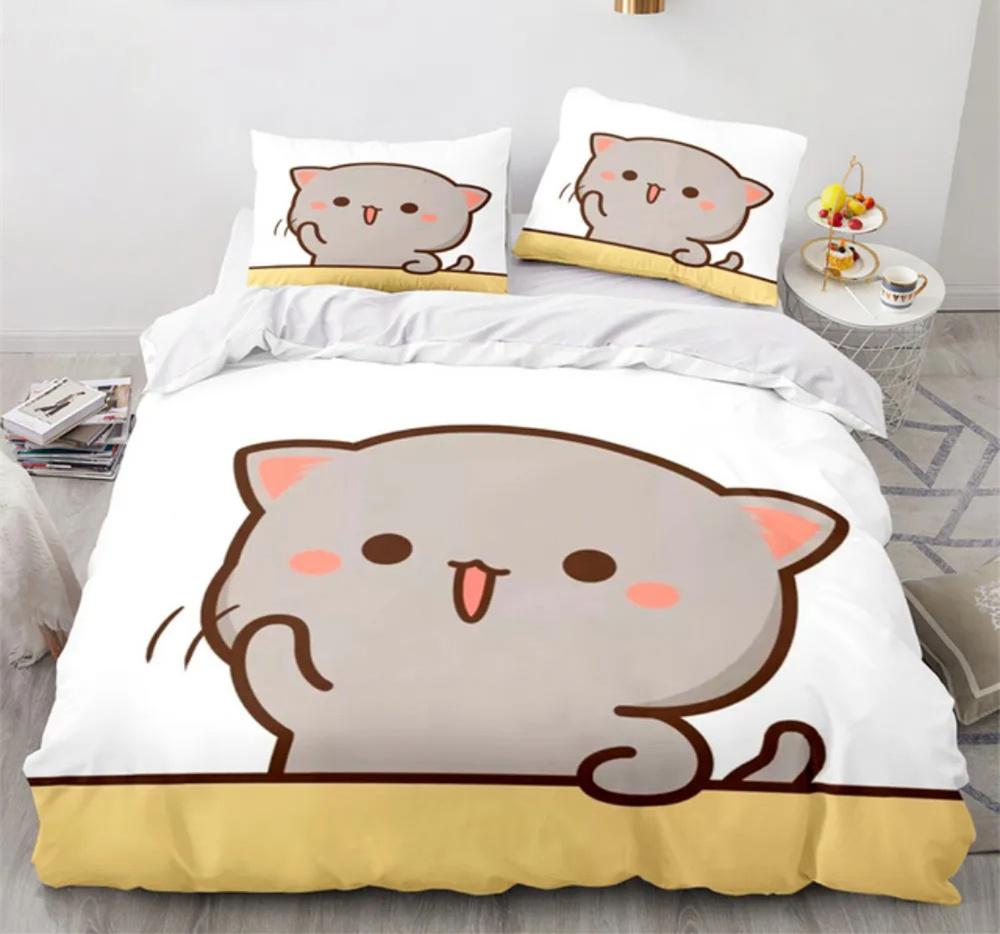 Peach Cat Bedding Quilt Cover Set 3Pcs Bedding Set Goma Cute Cats Duvet Cover Infantil Bedclothes Single Double Queen King Size